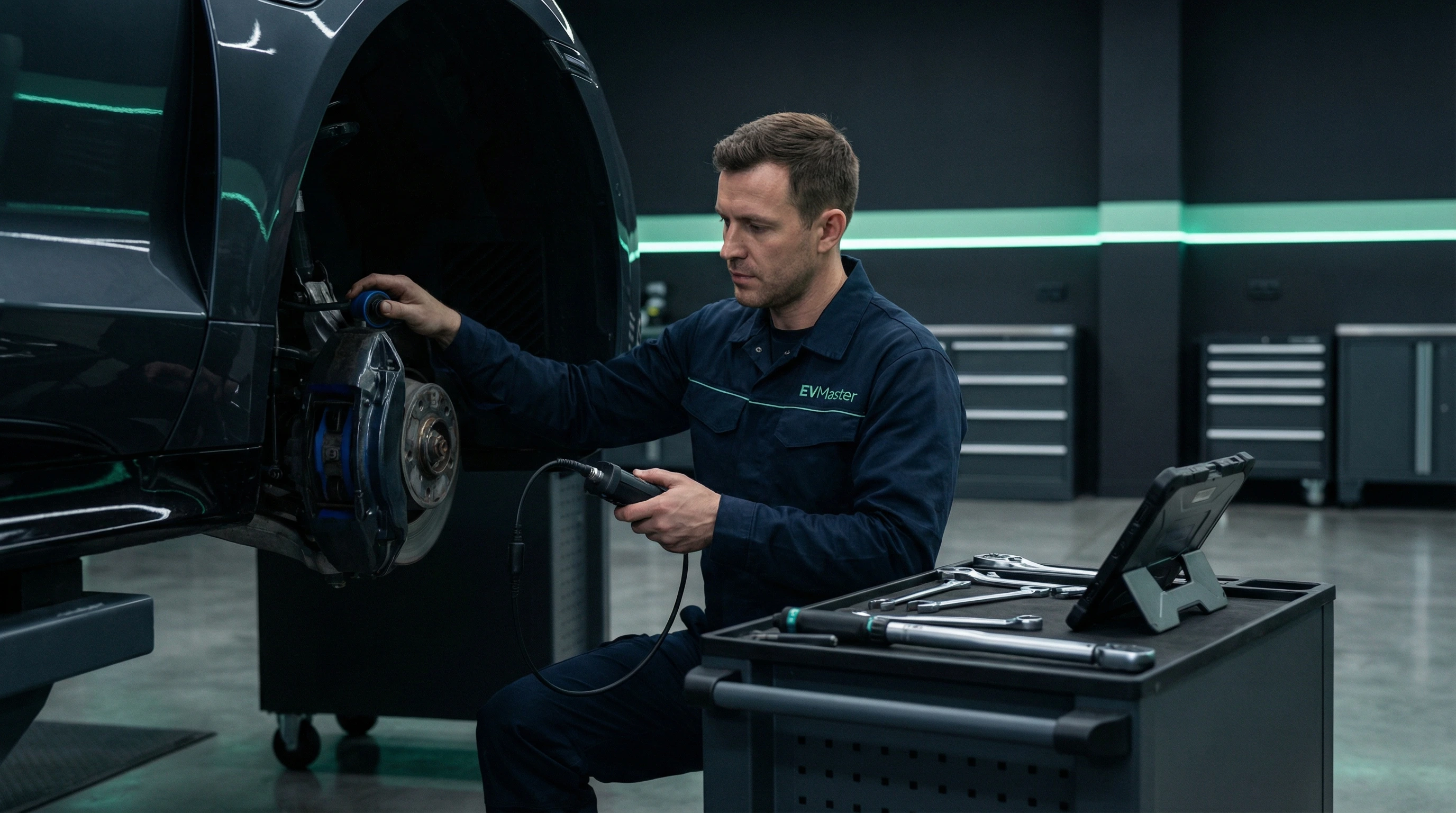 Мастер EVMaster диагностирует и устанавливает усиленные сайлентблоки на подвеску электромобиля в Минске