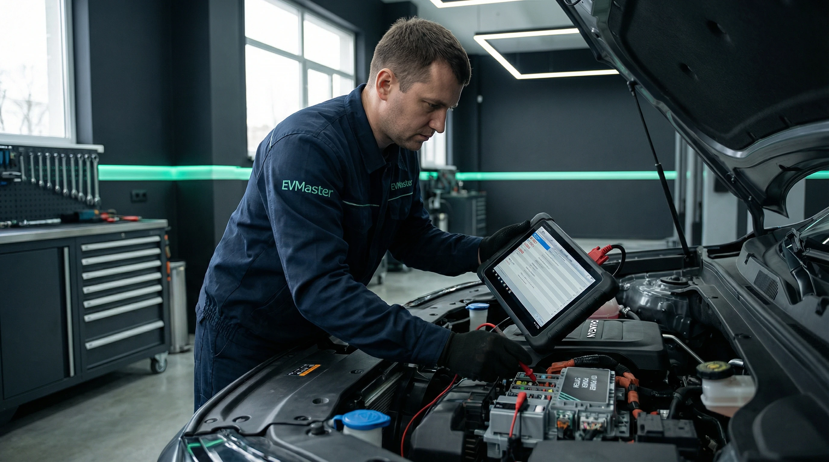 Мастер EVMaster проводит диагностику утечки тока в низковольтной цепи электромобиля Changan мультиметром
