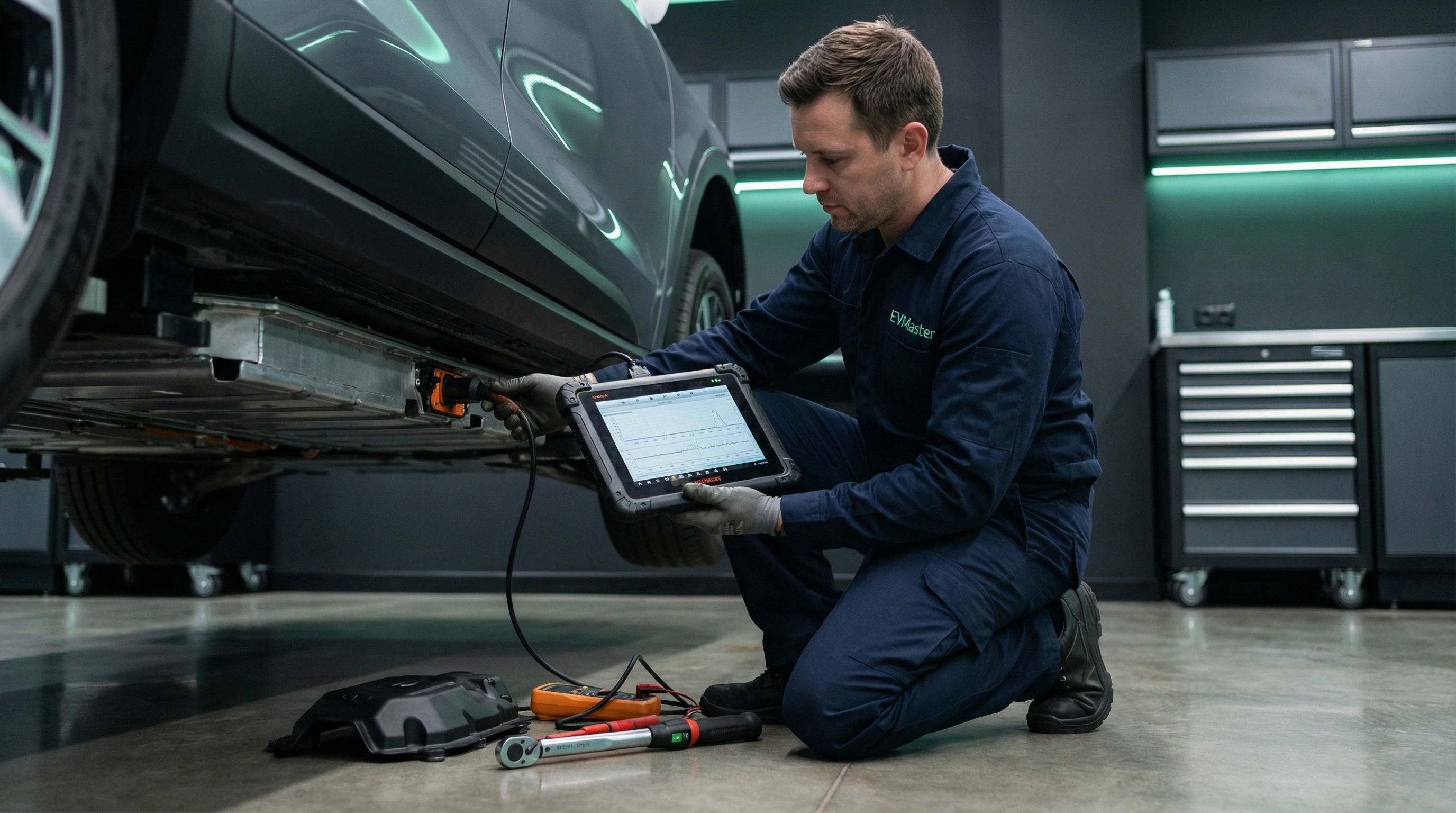 Мастер EVMaster проверяет аккумулятор и ходовую часть электромобиля после зимней эксплуатации в Минске