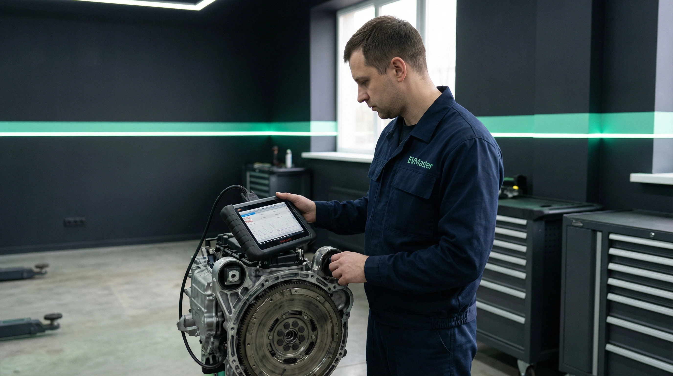 Мастер EVMaster диагностирует опоры range extender электромобиля Li Auto на подъёмнике в Минске