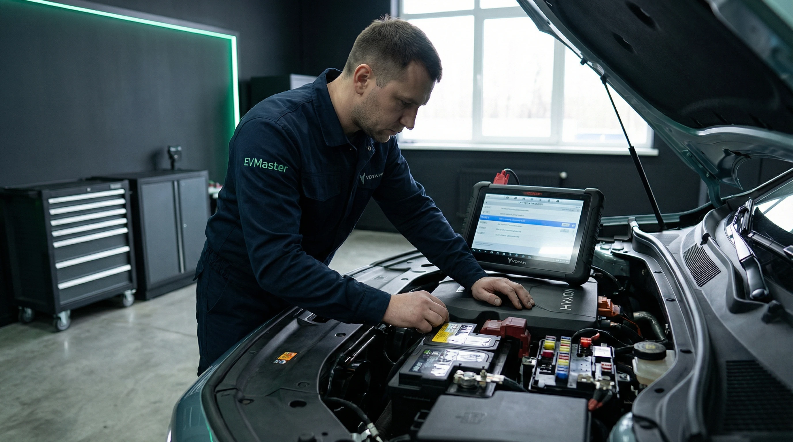 Мастер EVMaster диагностирует 12-вольтовую сеть электромобиля Voyah мультиметром в сервисном центре Минска