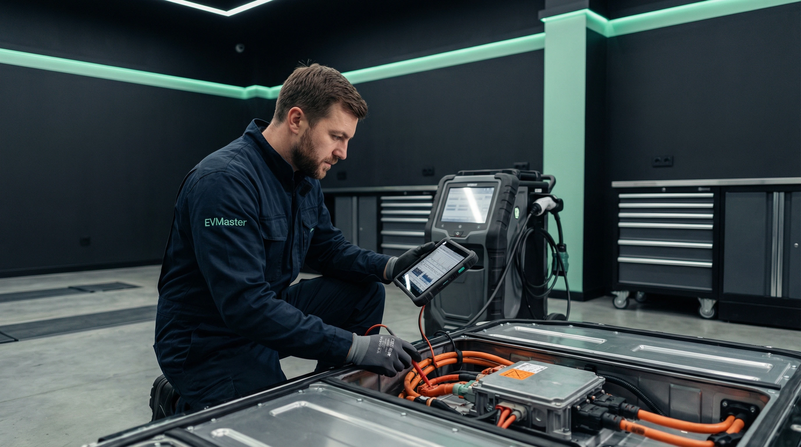 Мастер EVMaster проводит термальную диагностику батареи электромобиля для выявления рисков перегрева