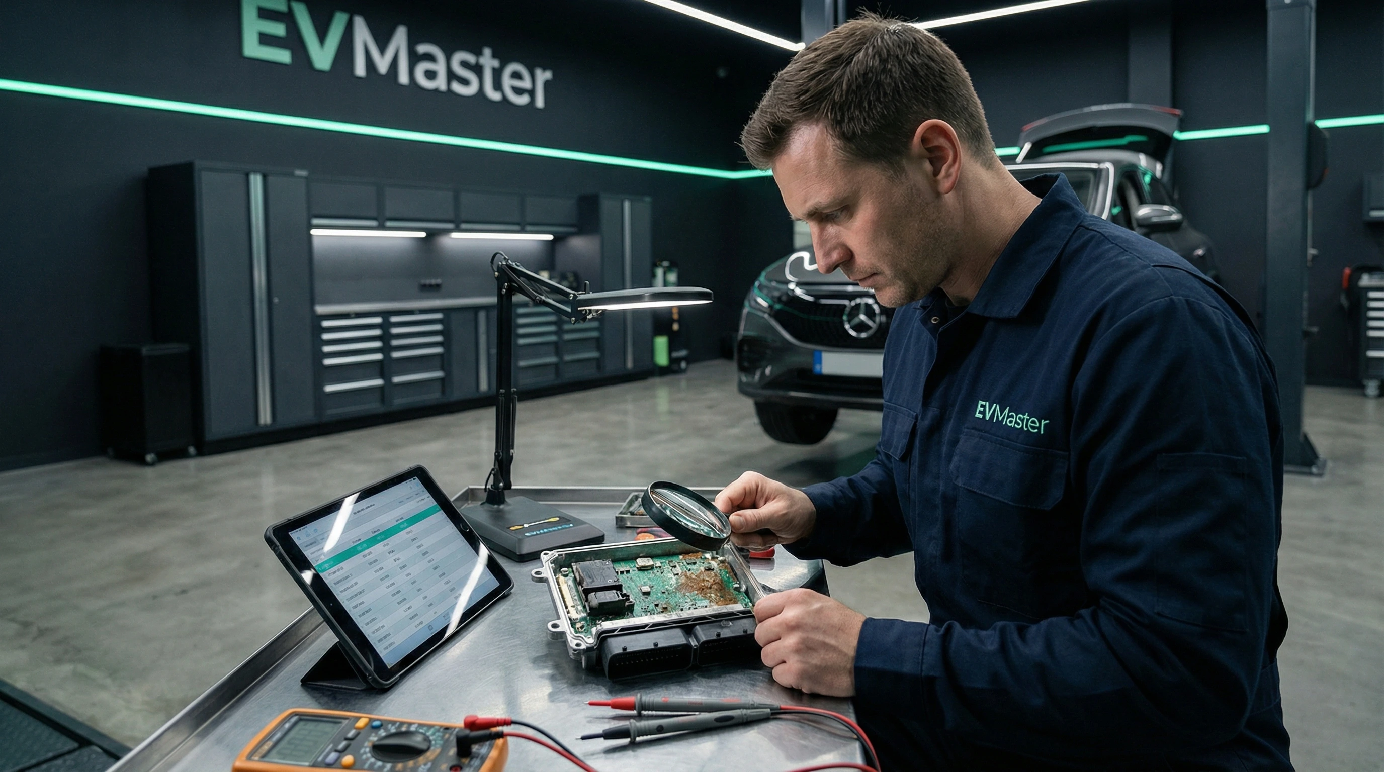 Мастер EVMaster проводит диагностику блока управления электромобиля на наличие следов влаги и коррозии