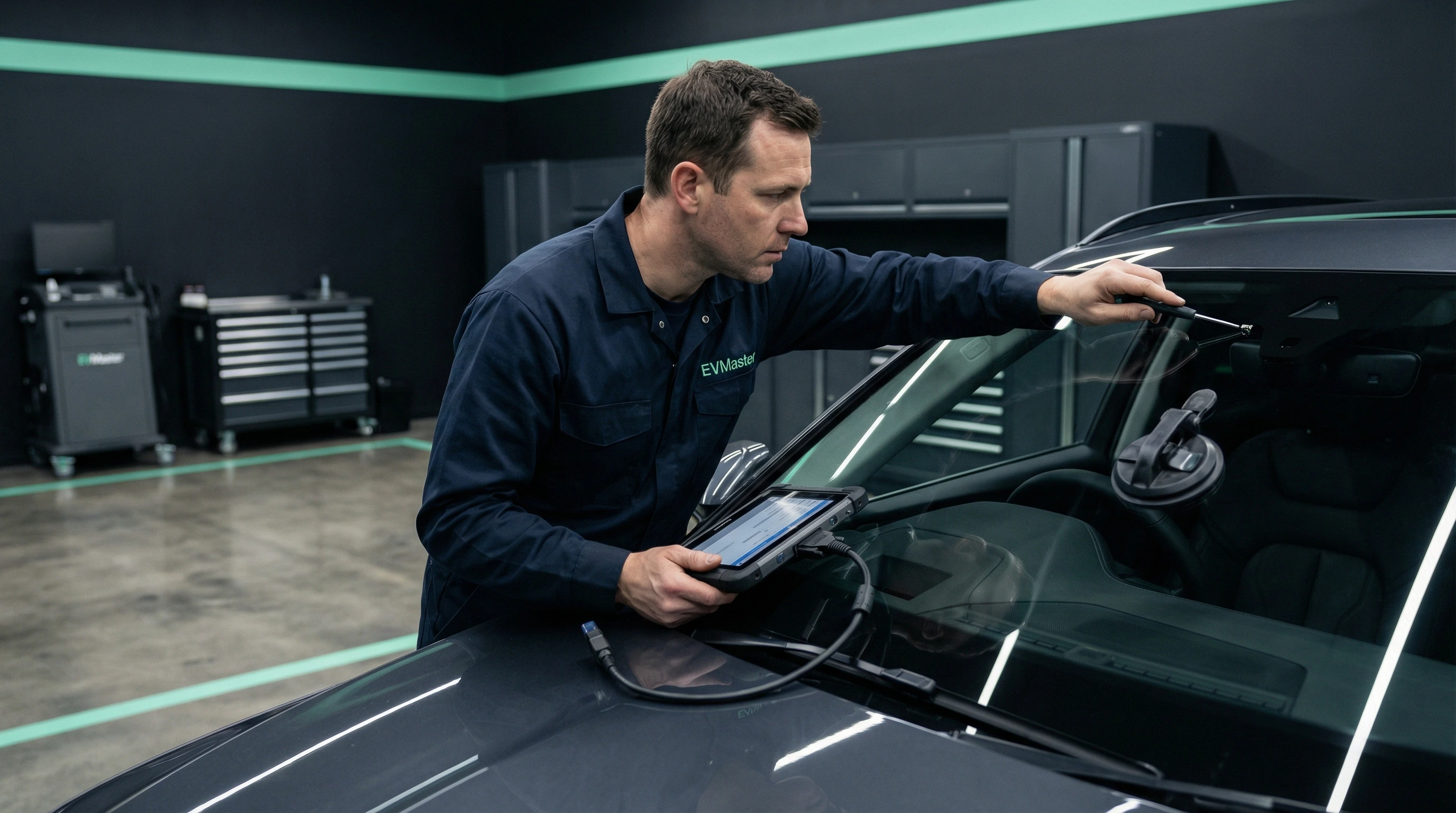 Мастер EVMaster проводит калибровку камер и систем ADAS электромобиля после замены лобового стекла