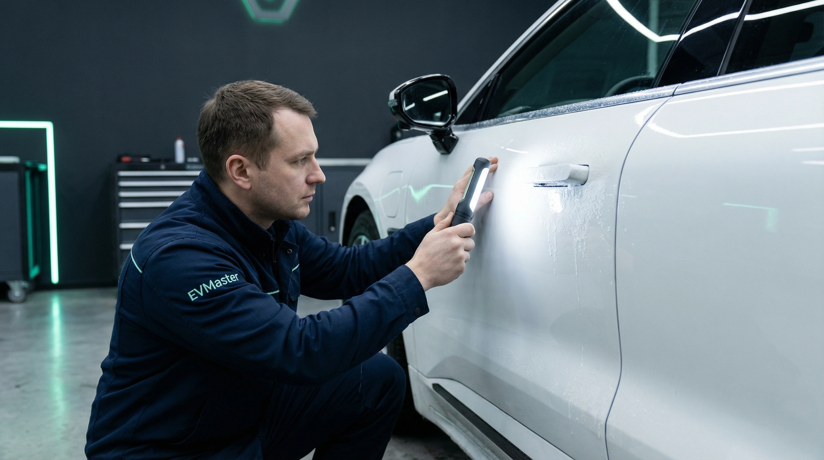Мастер EVMaster диагностирует замёрзшие выдвижные ручки дверей электромобиля Zeekr 001 в сервисе