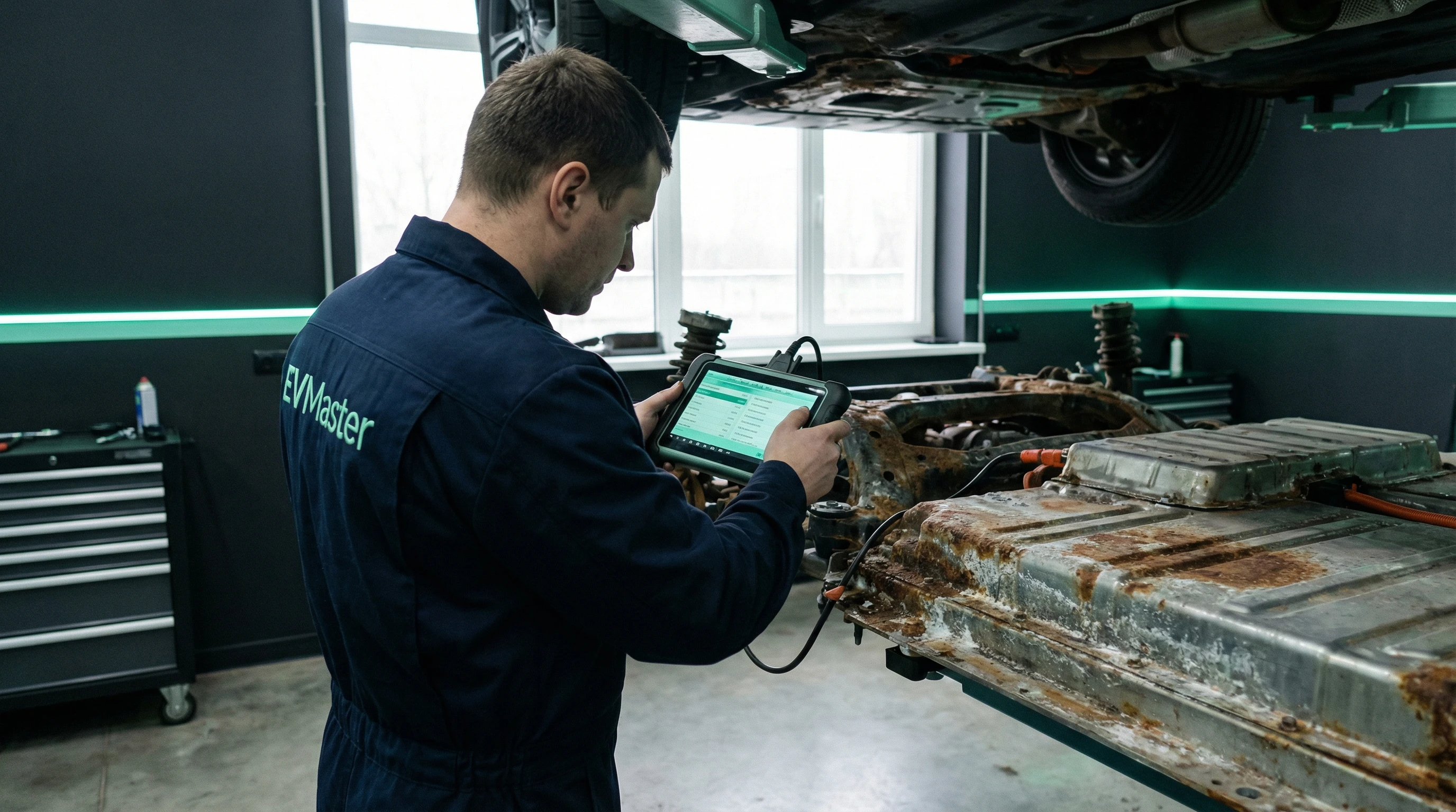 Мастер EVMaster проводит диагностику коррозии днища электромобиля на подъёмнике в Минске
