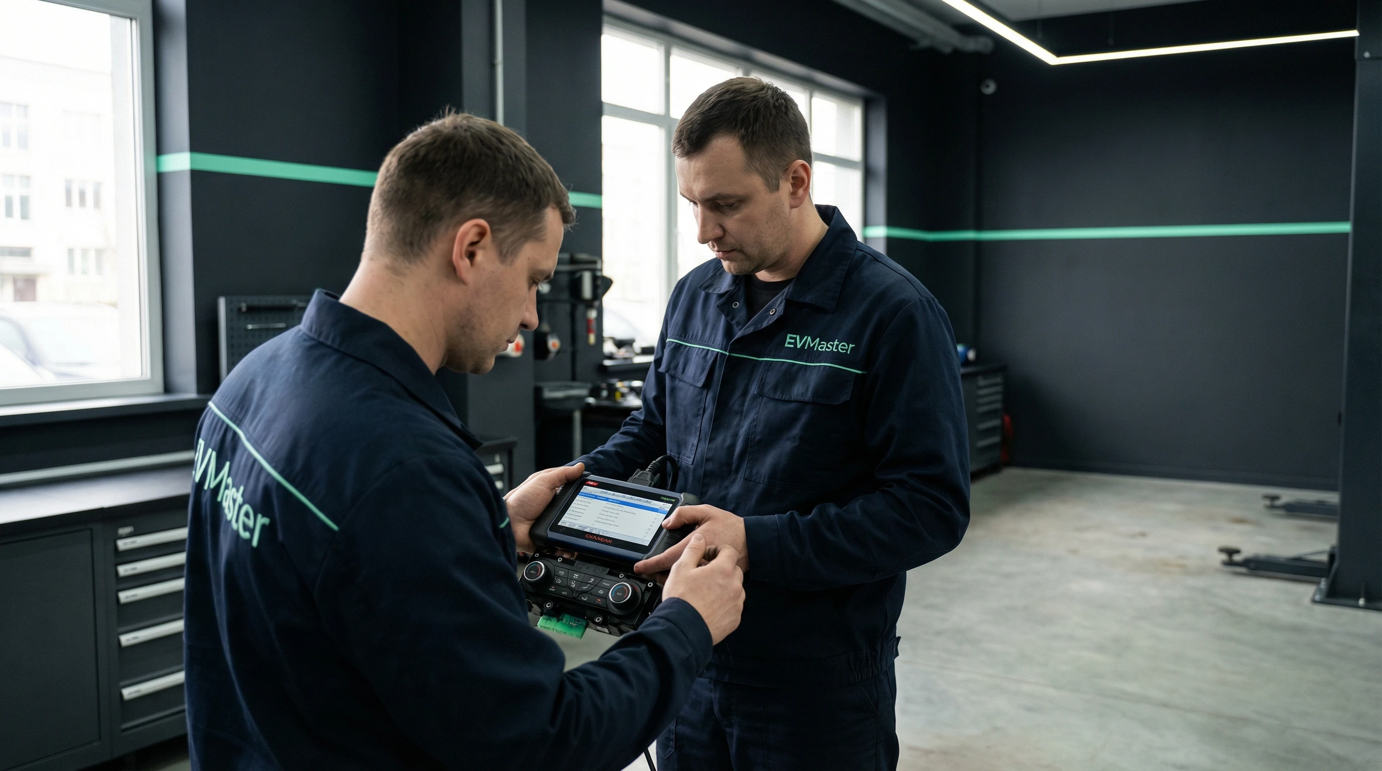 Мастер EVMaster проводит диагностику и калибровку заслонок климат-контроля электромобиля Changan в сервисе