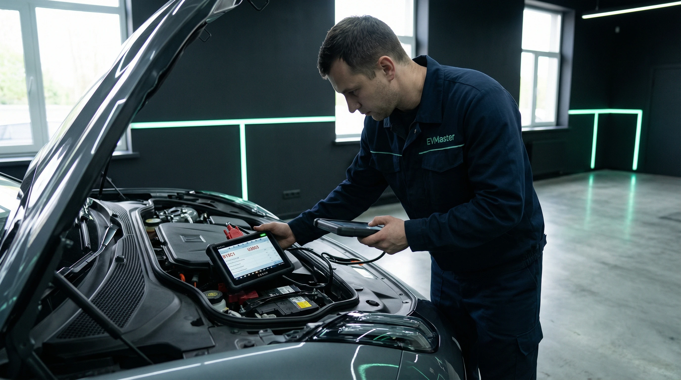 Мастер EVMaster проводит диагностику паразитной утечки тока 12-вольтового аккумулятора электромобиля Zeekr