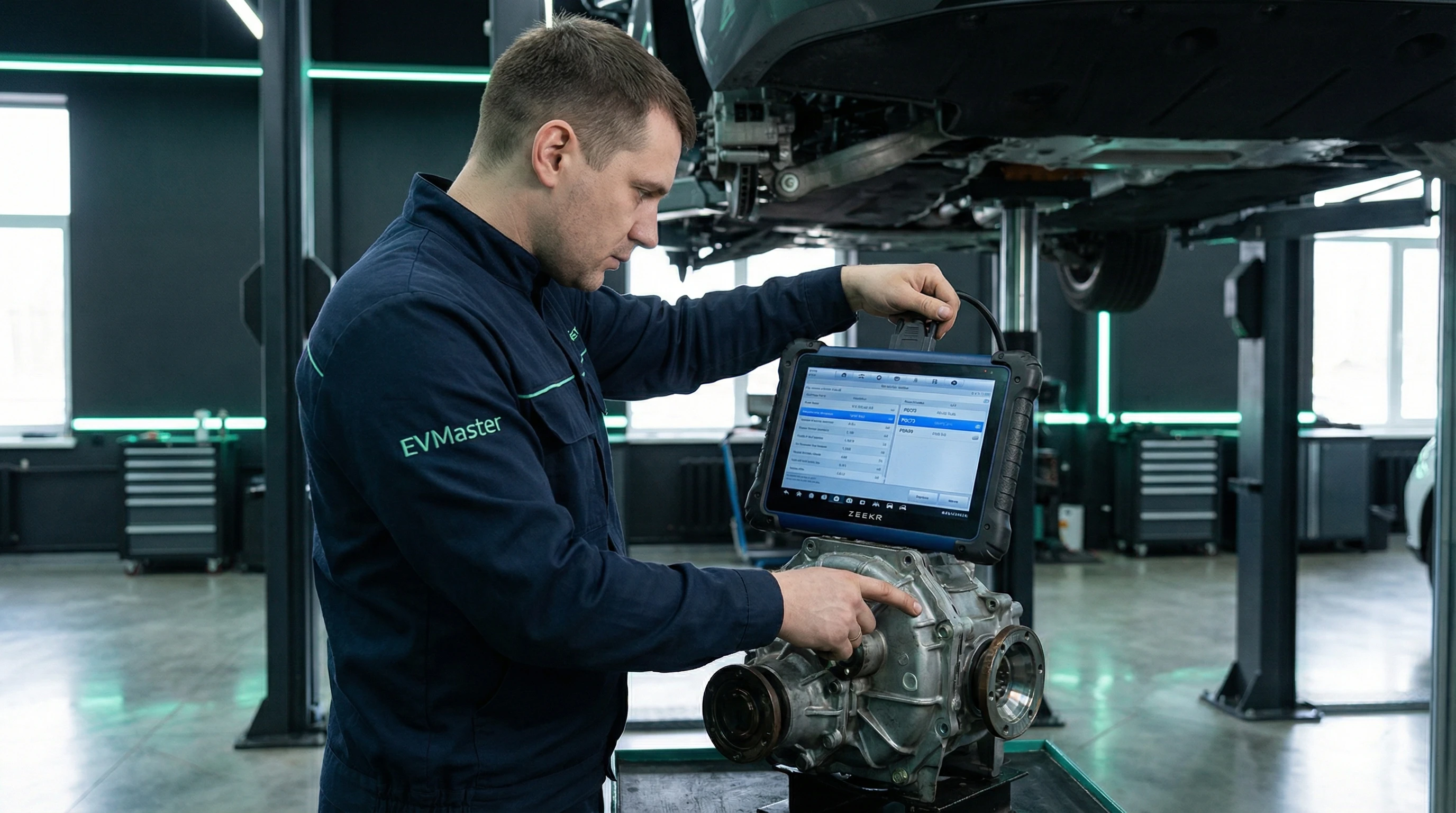 Мастер EVMaster диагностирует редуктор электромобиля Zeekr на подъёмнике в сервисе Минска