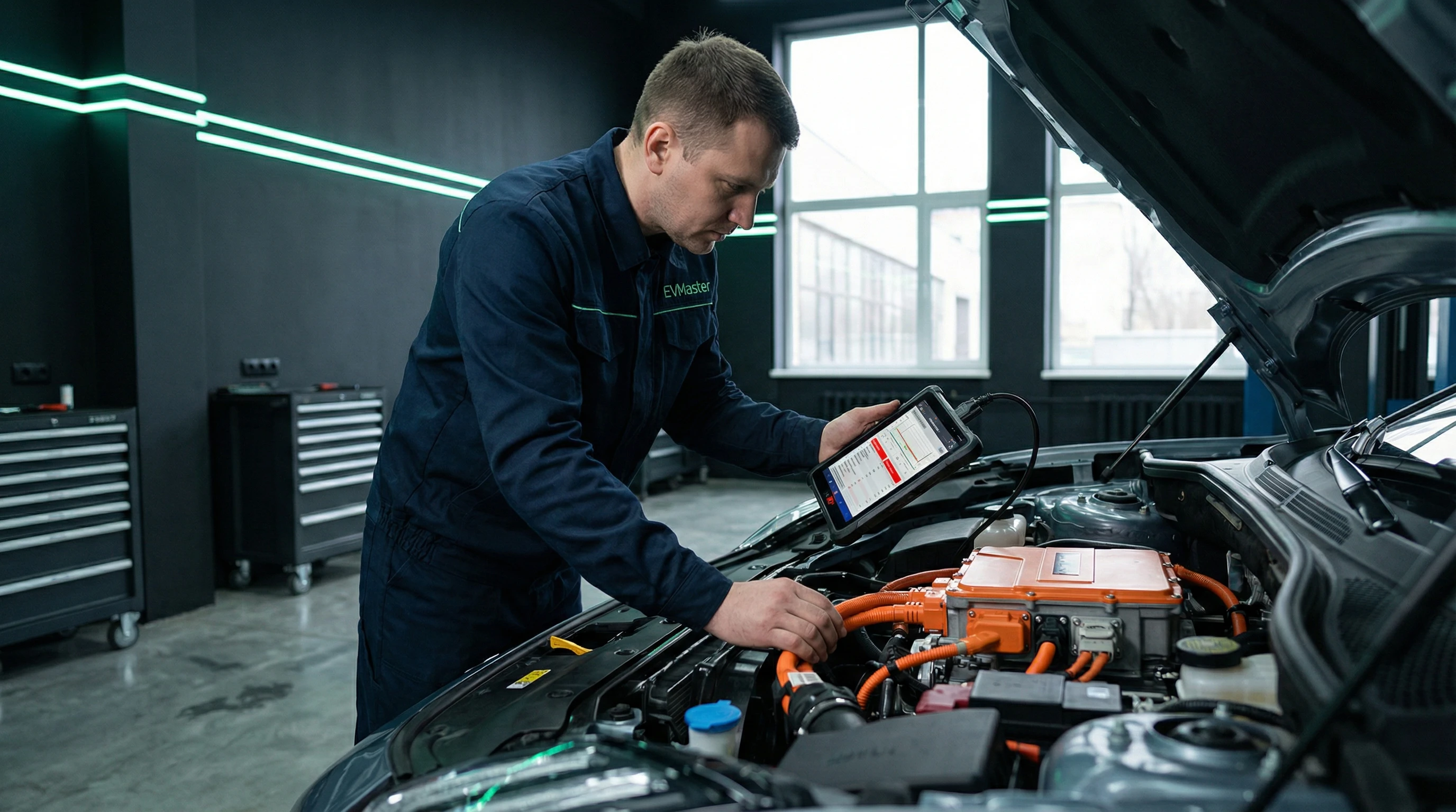Мастер EVMaster проводит диагностику изоляции высоковольтной системы электромобиля Zeekr в Минске